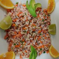 55. Ceviche · Baby shrimp, cilantro, onions, carrots, tomatoes, jalapenos and lime juices.