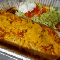 Burrito Jalisco · Giant flour tortilla filled with rice, beans, choice of beef, pork or chicken covered with t...