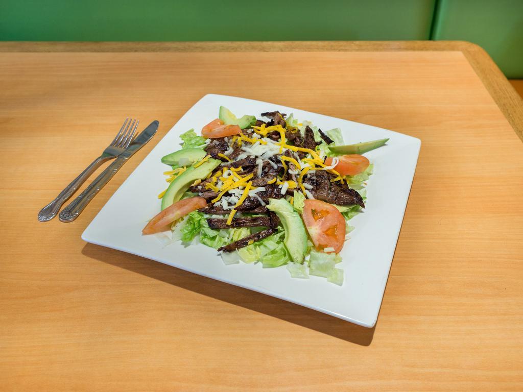 Carne Asada Salad · Lettuce, tomatoes, cheese, sliced avocado with skirt steak.