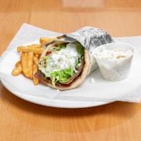 Chicken Gyro · Served on pita bread with lettuce, tomato, onions, feta cheese and sauce.