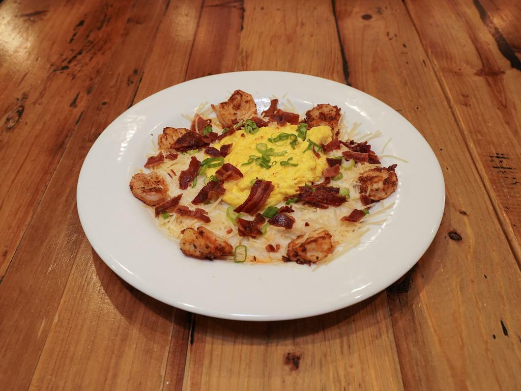 Shrimp, Eggs and Grits · Local Stone-Ground Cheese Grits, 2 Eggs, Grilled Or Blackened Shrimp, Texas Smoked Bacon.