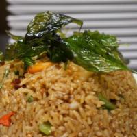 Basil Fried Rice · Fried rice, egg, garlic, sweet basil, cucumber, bell peppers and white onion.