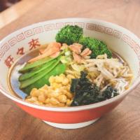 Vegetarian Miso Ramen · Soybean paste vegetable broth, seasonal vegetables, corn, crispy garlic and red pepper flakes.