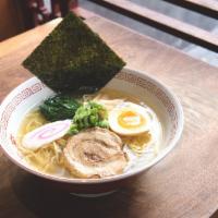 Shio Ramen · Elegant sea salt flavored chicken broth enhanced with seafood umami, with roasted pork, egg,...
