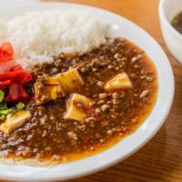 Mabo Don (Rice) · Stir-fried ground pork and tofu in a thick sauce over rice