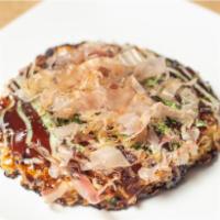 Pork Okonomiyaki · Savory chashu pork pancakes with crunchy cabbage & a variety of fresh ingredients, special s...