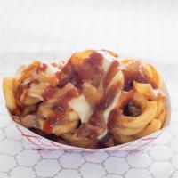Dirty Fries · Curly Fries with Gravy, Provel Cheese, Caramelized Onions, and Round Sauce