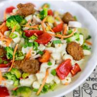 Vegan Delight Bowl · Beyond sausage, vegan cheese sauce, broccoli, mushrooms, roasted red peppers, tomatoes, and ...