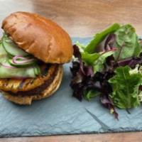 Veggie Burger  · Lentil and mushroom patty with smoky eggplant puree, spicy grilled pineapple, marinated cucu...