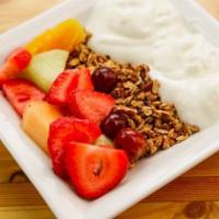 Yogurt N’ Granola · Blended, home toasted granola, strawberries and blueberries with vanilla yogurt