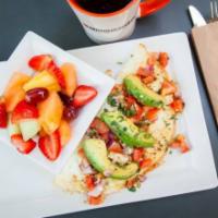 Morning Glory · egg white omelette served with marinated roma tomatoes, cilantro, avocado, and red onion ser...