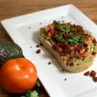 Soyrizo Avocado Toast (plant based) · thick cut artisan bread, avocado, tomatoes, and Morning Star soy chorizo topped with cilantro