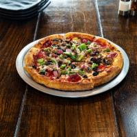 Supreme Lovers Pizza · Pepperoni, ham, beef, onions,  green peppers, mushrooms, black olives and mozzarella.