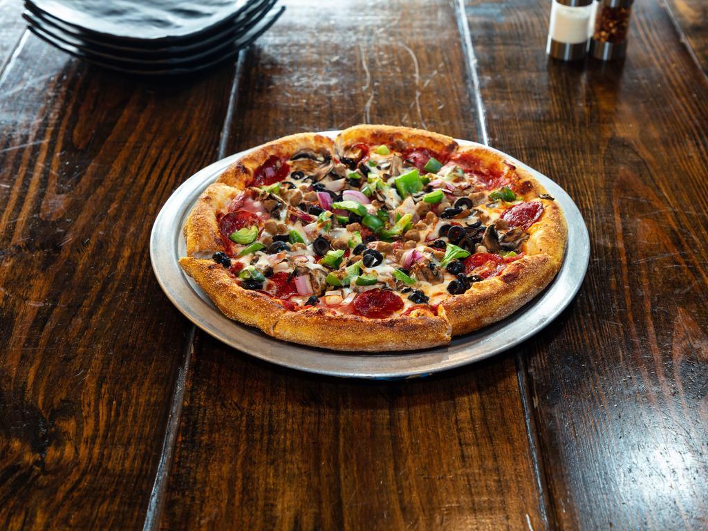 Supreme Lovers Pizza · Pepperoni, ham, beef, onions,  green peppers, mushrooms, black olives and mozzarella.