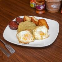 Dominican Breakfast Style · Mangu, salami, queso frito y huevo (mangu, eggs and salami) 