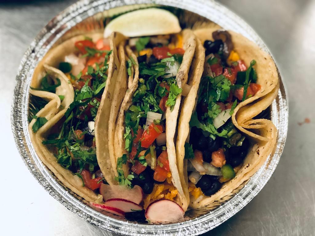 Breakfast vegan  · 3 tacos served with black beans, rice, pico de Gallo, onions and  cilantro