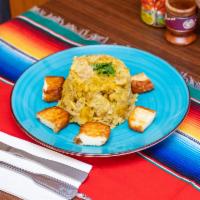 Queso Mofongo · served with a garlic sauce. ( Please if u are vegetarian let's u know)