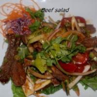 SL5. Beef Salad · Red onions, scallions, mint, cucumber, tomato and chili paste in spicy lime dressing. Spicy.