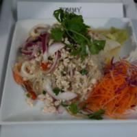 SL8. Yum Woon Sen Salad · Glass noodles, shrimp, squid, minced chicken, onions and peanuts in spicy lime dressing. Spi...