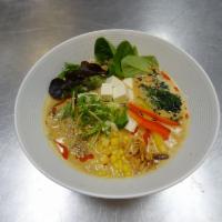 Vege Miso Ramen · Flavored with miso vege broth with tofu, spinach, corn, paprika, garlic and green onion.
