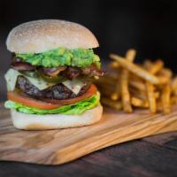 Spicy Guacamole Burger · Guacamole, applewood-smoked bacon, pepper jack, pickled jalapenos and citrus jalapeno aioli. 