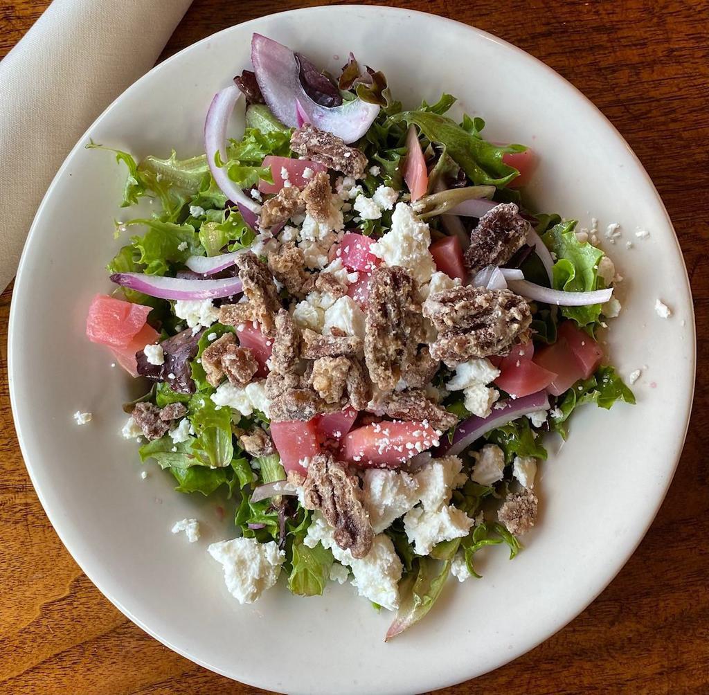 Seasonal Salad (vegetarian & gluten free) · Mixed greens, candy cane beets, goat cheese, candied pecans, red onion, pomegranate vinaigrette 