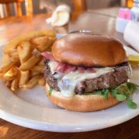 Phoebe's Burger · 8 oz  black Angus burger,  white cheddar, spring mix, pickled red onions, smoked tomato jam,...