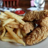 Chicken Tenders · Crispy chicken tenders with fries and choice of sauce