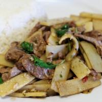 R11. Pad Nor Mai (Bamboo) · Bamboo shoot stir-fried with choice of meat; Thai chili, garlic, serranos pepper and basil i...