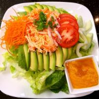 Crab and Avocado Salad · Salad made with crab or imitation crab typically tossed in seasioning and mayonnaise.  
