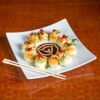 Off Da Chain Roll · Tempura shrimp, avocado, cilantro, and spicy mayo rolled with soybean paper, topped with sca...