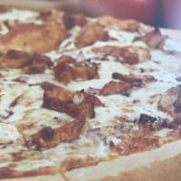 BBQ Chicken Pizza · BBQ sauce, chicken, red onion and mozzarella cheese.