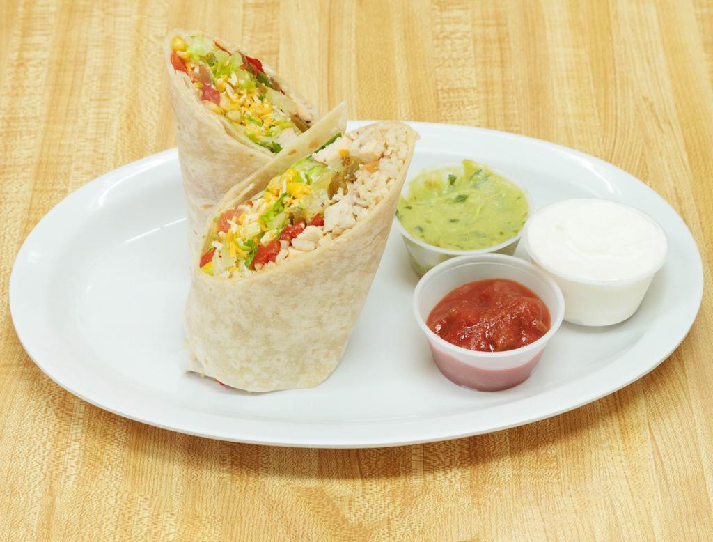 Grilled Chicken Burrito · Served on a flour tortilla. Your choice of toppings and sauce.
