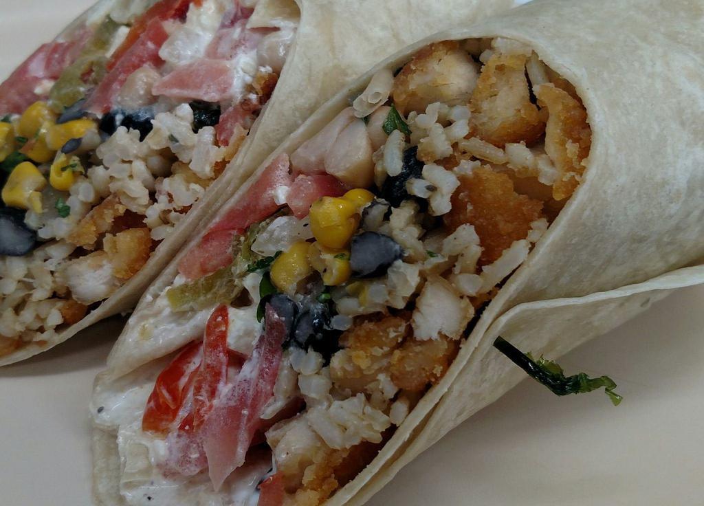 Fried Chicken Burrito · Served on a flour tortilla. Your choice of toppings and sauce.