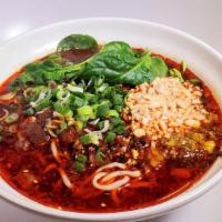 Hot and Spicy Noodle Soup · Ground pork, bean sprouts, pickled cabbage, green onion, peanut, sesame.