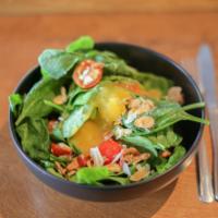 Spinach Salad · Baby spinach, cherry tomatoes, bacon, sliced almonds and Parmesan cheese with mango dressing.