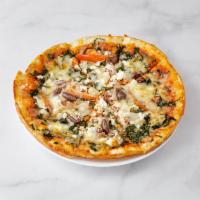 Greek Pizza · Spinach, garlic tomato, feta and olives.