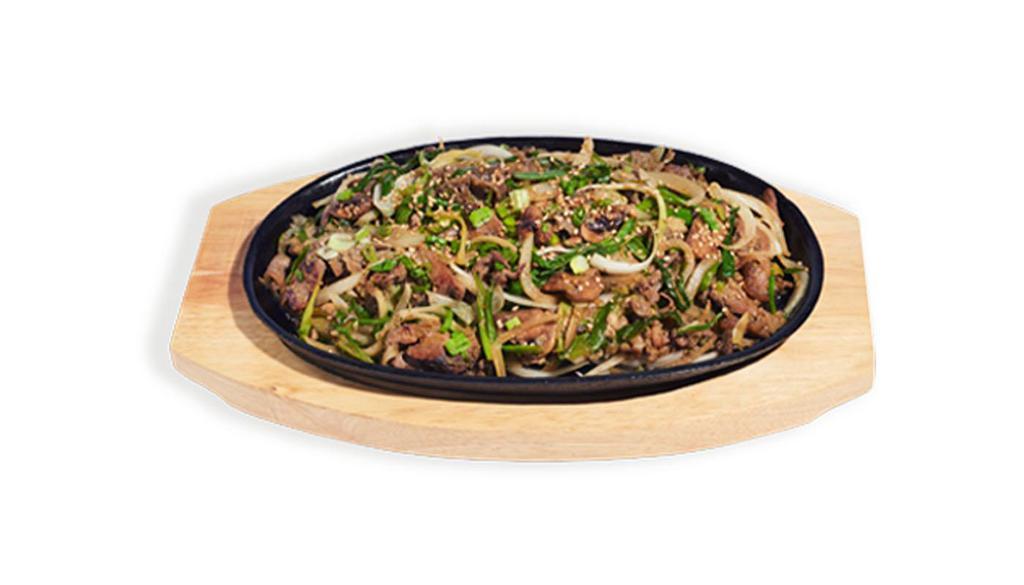 Bulgogi · Thinly sliced marinated ribeye, sautéed with mushrooms, scallions, sesame seeds, and onions. Served with white rice. 1940-2283 cal.