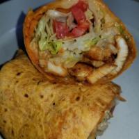 Wrap · Chicken and longaniza with muenster cheese, monkey sauce, ketchup, lettuce and tomato.