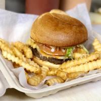 Monkey Burger · American, Muensters, pepper jack cheese, lettuce, tomato and fries.