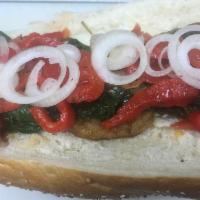 Veggie Eggplant Hoagie · Sharp provolone, breaded eggplant, spinach, roasted red peppers, tomato, onion and locatelli.