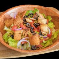 House Salad · Romaine, Tomato, Red Onion, Croutons, Egg, Red Roasted Peppers, Green & Black Olives