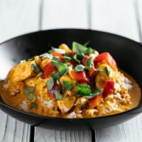 Thai Chicken Bowl · Spicy red curry, coconut milk, grounded peanuts, bell peppers and basil. Has fish sauce. Glu...