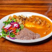 Huevos Rancheros · 2 eggs cooked to order, smothered with choice of Chile Verde or Colorado, refried beans, ham...