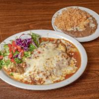 Chile Relleno Platter · Egg battered Anaheim pepper stuffed with Monterey cheese and simmered in our delicious sauce...
