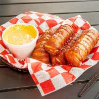 Deep Fried Pretzel Sticks with  Beer Cheese · 4 Pretzel Sticks sprinkles with kosher salt and a bit of melted butter with Beer Cheese dipp...