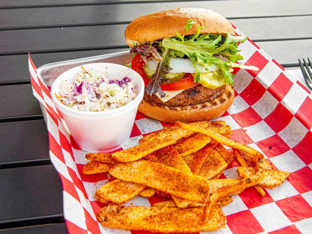Burger  · 1/2 lb. brisket infused house-made patty, comes plain so specify if you want it fully loaded with lettuce, tomatoes, onions, and pickles. Cheese is extra. Served with choice of 1 side and choice of bun or Texas toast.
