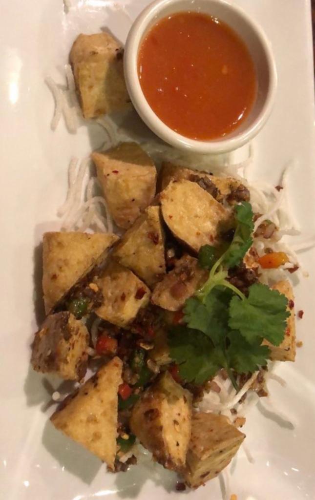 Fried Tofu with Salt and Peppers · fried tofu salt and peppers with spicy sauce