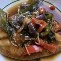 Special Fish · Lightly pan fried tilapia fillet with eggplant, wild ginger, bell peppers, Thai basil with T...