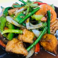 Special Salmon(D) · fried salmon sauteed with broccoli,bell pepper, carrot, long green bean, scallion and onions...